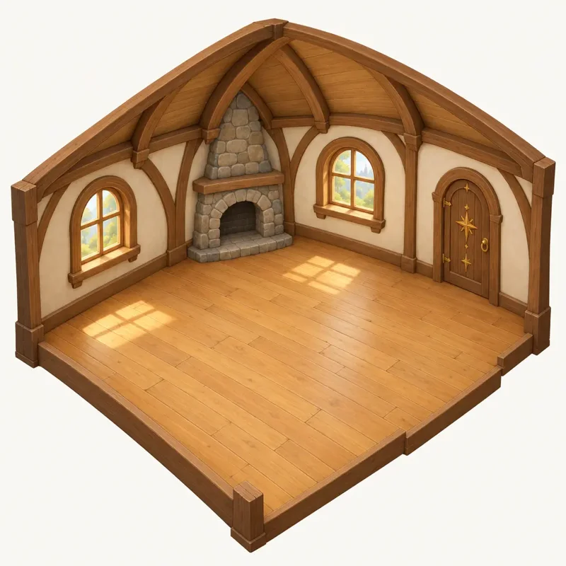 An empty isometric cottage room awaiting furniture