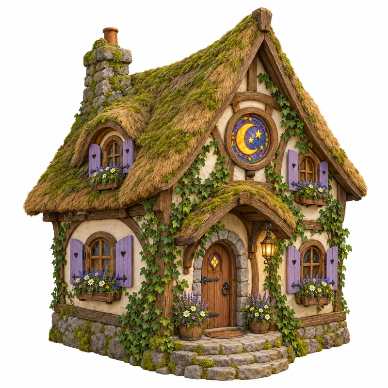 Concept art of a thatched pet cottage with a stained-glass moon window